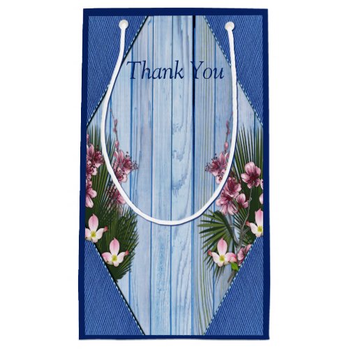 Pink Graphic Flowers on Blue_wood texture Gift Bag