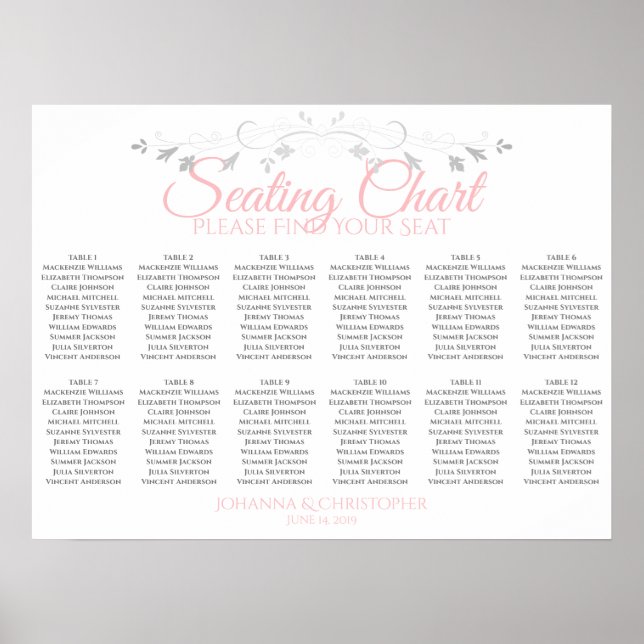 Pink & Gray 12 Table Wedding Seating Chart (Front)