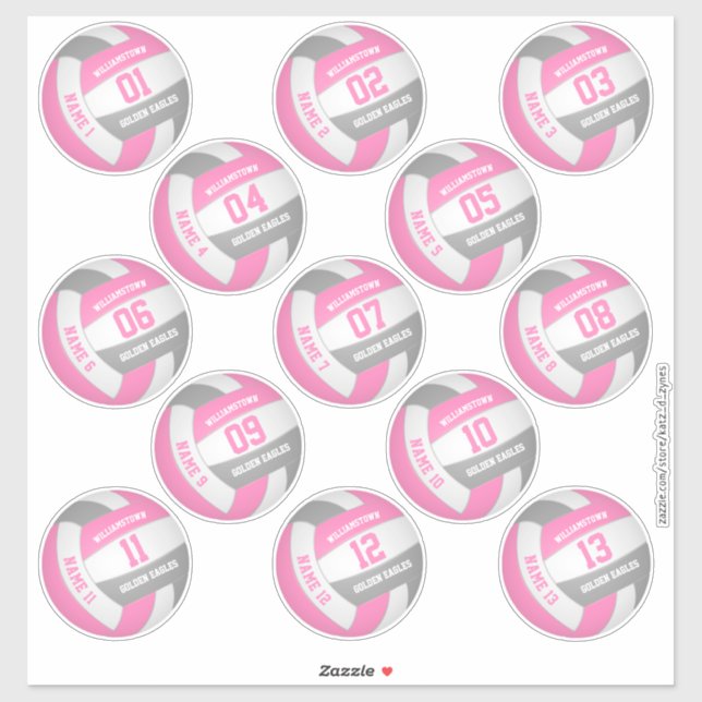 pink gray 13 custom players names volleyball sticker (Sheet)