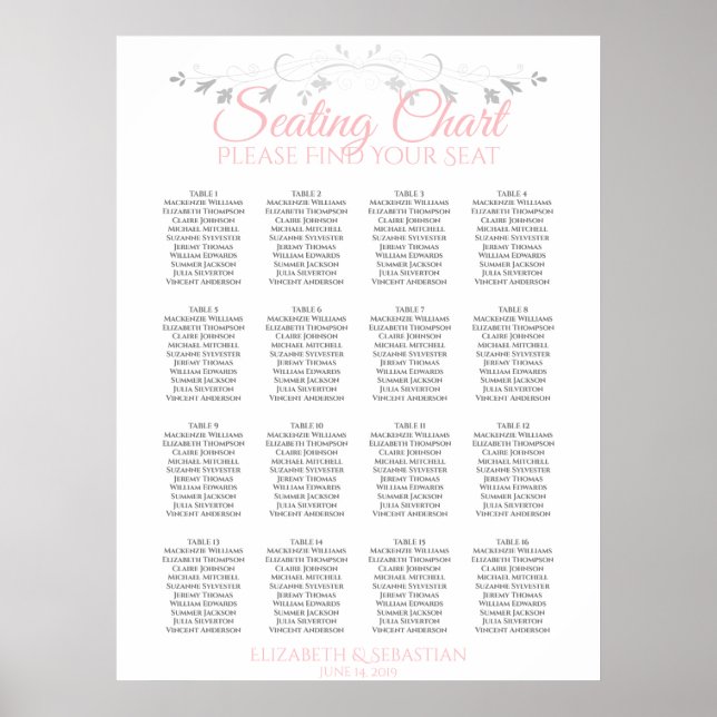 Pink & Gray 16 Table Wedding Seating Chart (Front)