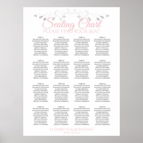 Pink  Gray 16 Table Wedding Seating Chart