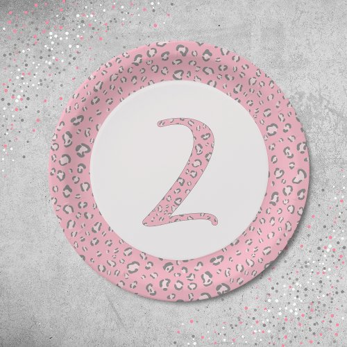 Pink Gray 2nd Birthday 2 Leopard Pattern  Paper Plates
