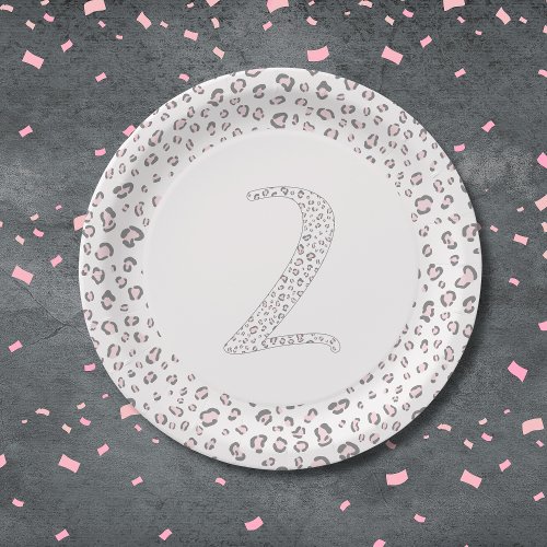 Pink Gray 2nd Birthday Leopard Pattern Paper Plates