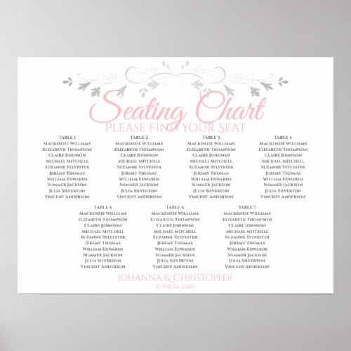 Pink  Gray 7 Table Wedding Seating Chart