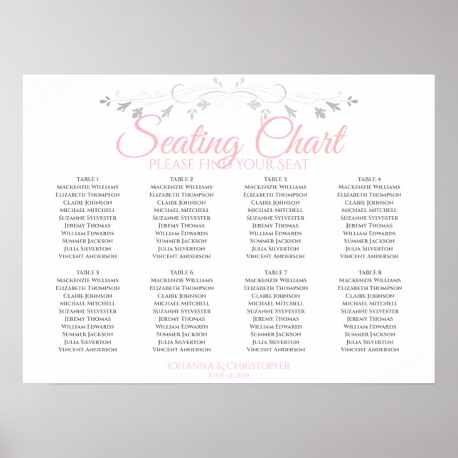 Pink & Gray 8 Table Wedding Seating Chart (Front)