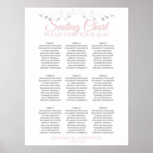 Pink  Gray 9 Table Wedding Seating Chart