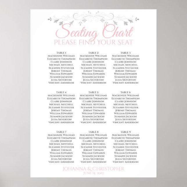 Pink & Gray 9 Table Wedding Seating Chart (Front)