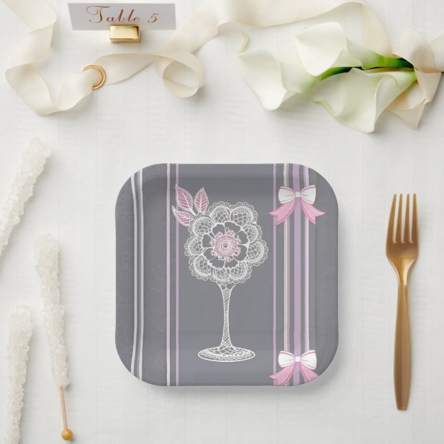 Pink & Gray AI art  Paper Plates (Wedding)
