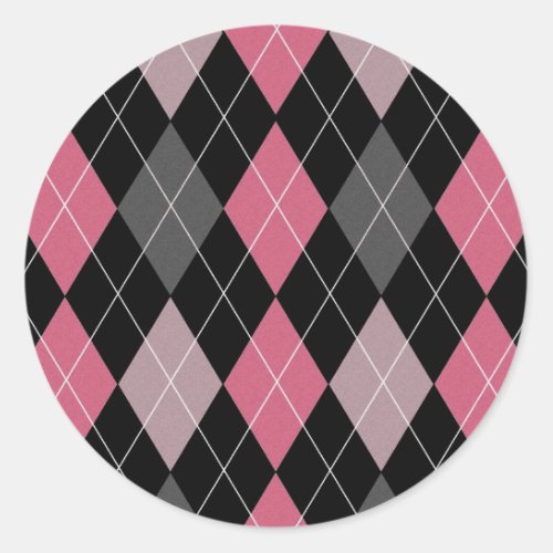 Pink Gray and Black Argyle Patterned Design Classic Round Sticker