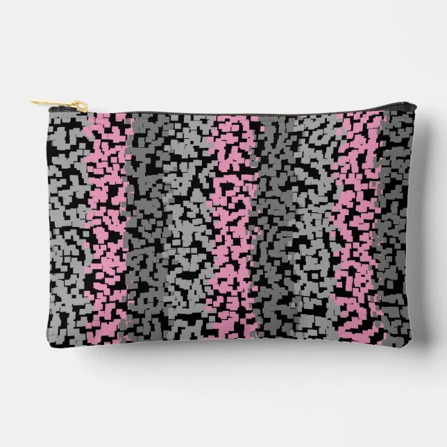 Pink, gray and black digital pixelated stripes accessory pouch (Front)