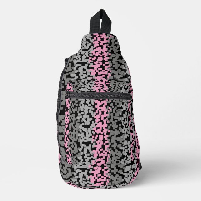 Pink, gray and black digital pixelated stripes sling bag (Front)