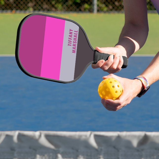 Pink Gray and Dark Muted Purple Stripes Pattern Pickleball Paddle (Insitu)