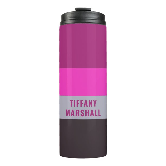 Pink Gray and Dark Muted Purple Stripes Pattern Thermal Tumbler (Front)
