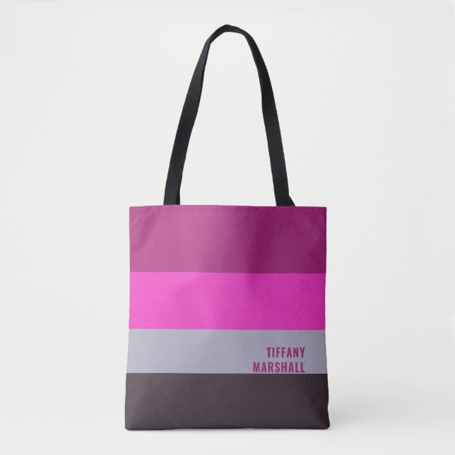 Pink Gray and Dark Muted Purple Stripes Pattern Tote Bag (Front)