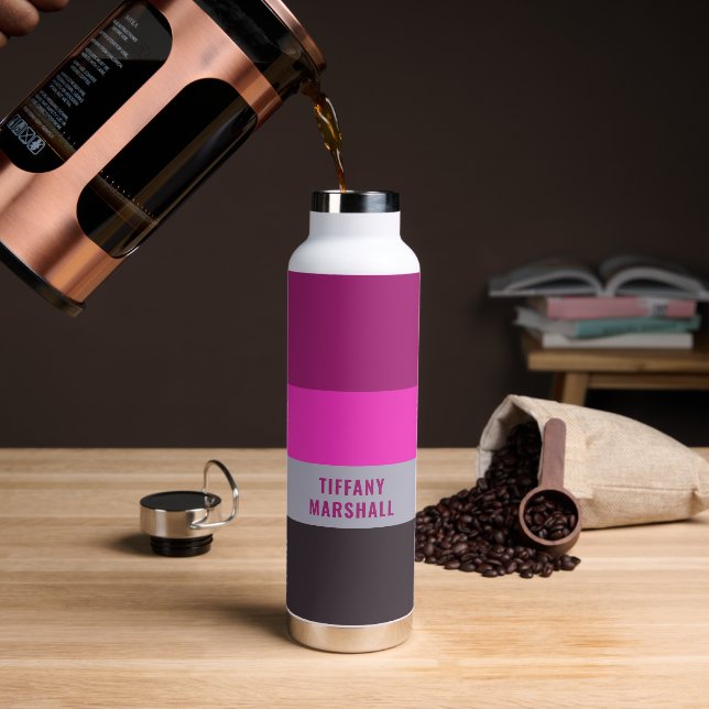 Pink Gray and Dark Muted Purple Stripes Pattern Water Bottle (Coffee)