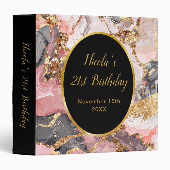 Pink, Gray and Gold Marble Agate Birthday Party 3 Ring Binder (Front/Spine)