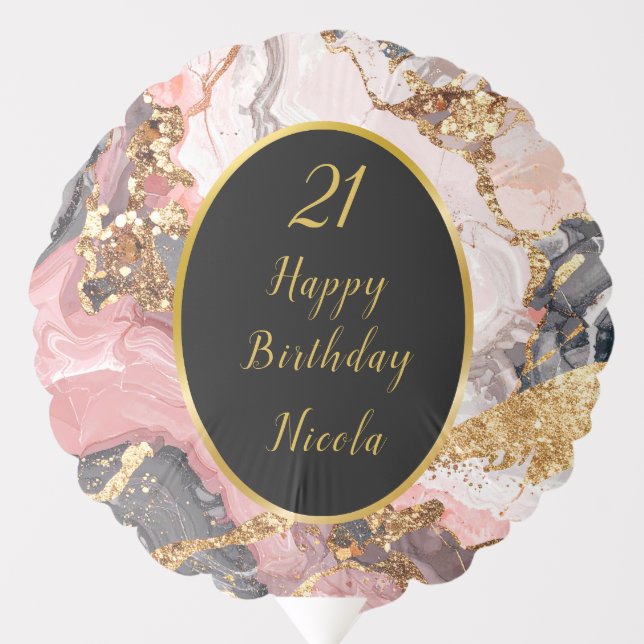 Pink, Gray and Gold Marble Agate Birthday Party Balloon (Front)