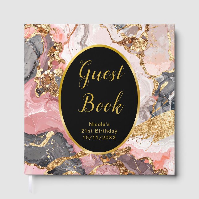 Pink, Gray and Gold Marble Agate Birthday Party Guest Book (Front)