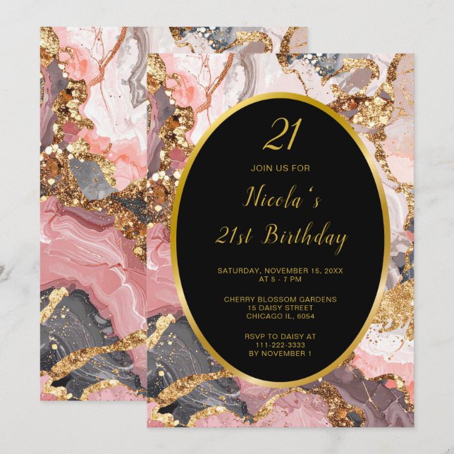 Pink, Gray and Gold Marble Agate Birthday Party Invitation (Front/Back)