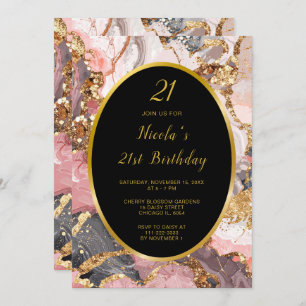 Pink, Gray and Gold Marble Agate Birthday Party Invitation