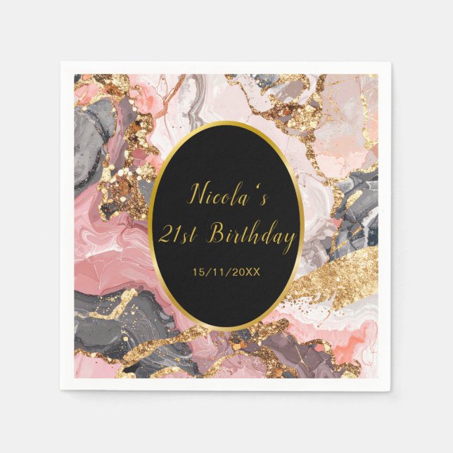 Pink, Gray and Gold Marble Agate Birthday Party Napkins (Front)