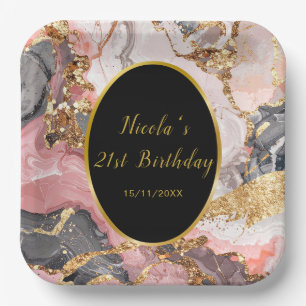 Pink, Gray and Gold Marble Agate Birthday Party Paper Plates