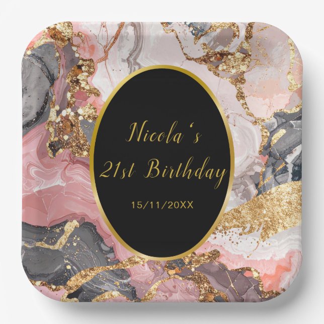 Pink, Gray and Gold Marble Agate Birthday Party Paper Plates (Front)