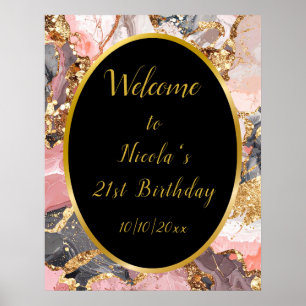Pink, Gray and Gold Marble Agate Birthday Party Poster