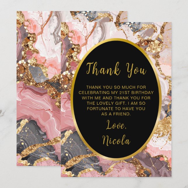 Pink, Gray and Gold Marble Agate Birthday Party Thank You Card (Front/Back)