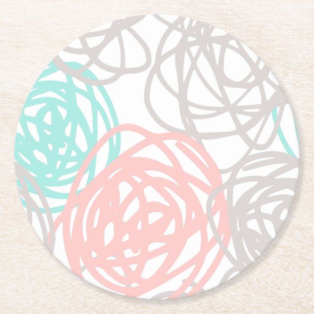 Pink Gray and Teal Doodle Pattern Round Paper Coaster (Front)