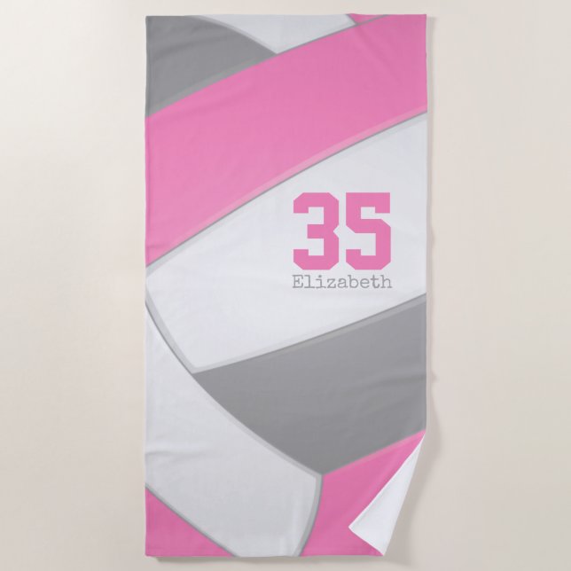 pink gray and white girls volleyball personalized beach towel (Front)