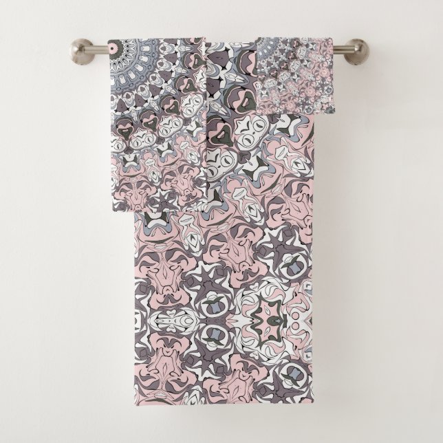 Pink Gray and White Mandala Pattern Bath Towel Set (Insitu)