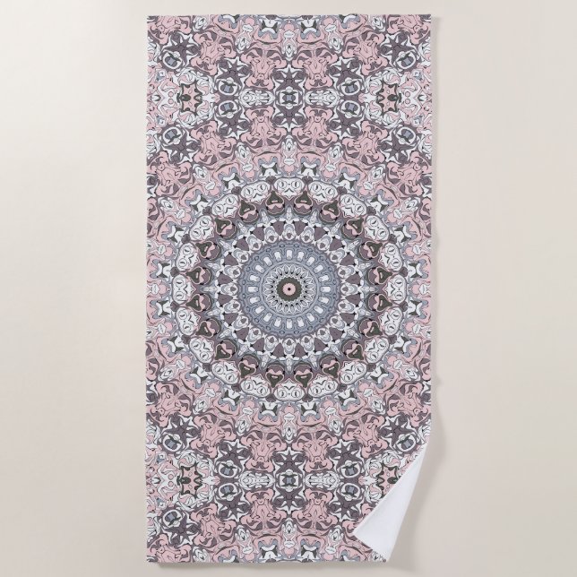 Pink Gray and White Mandala Pattern Beach Towel (Front)