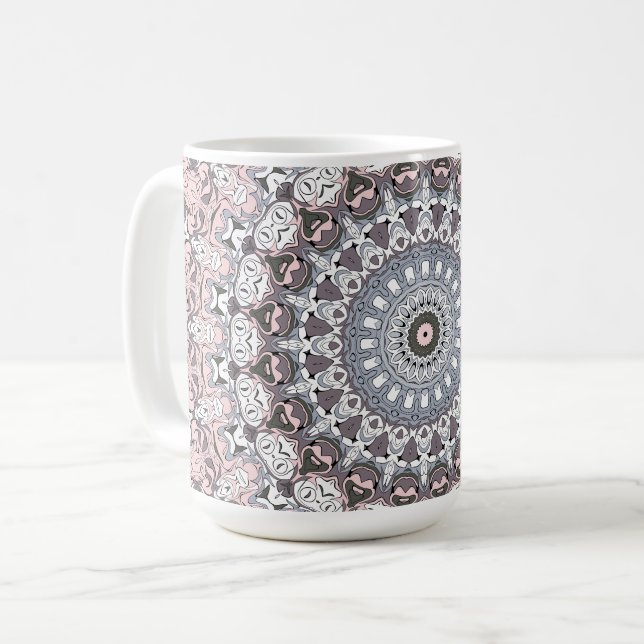 Pink Gray and White Mandala Pattern Coffee Mug (Front Left)