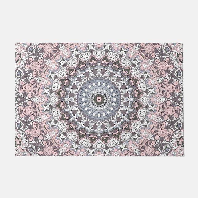 Pink Gray and White Mandala Pattern Doormat (Front)