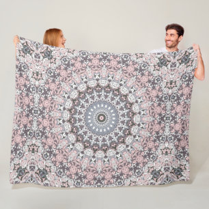 Pink Gray and White Mandala Pattern Fleece Blanket