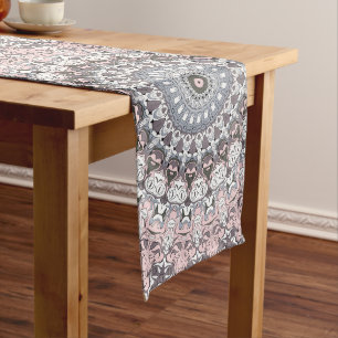 Pink Gray and White Mandala Pattern Long Table Runner