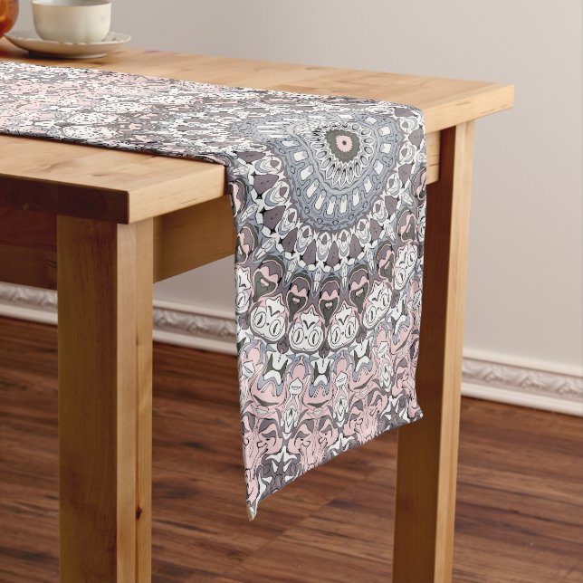 Pink Gray and White Mandala Pattern Long Table Runner (In Situ)