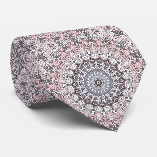 Pink Gray and White Mandala Pattern Neck Tie (Rolled)