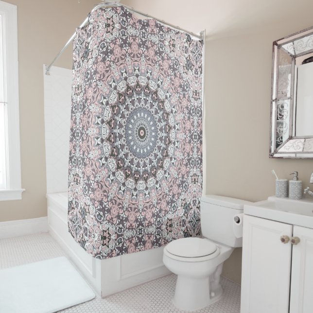 Pink Gray and White Mandala Pattern Shower Curtain (In Situ)