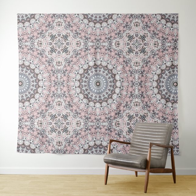 Pink Gray and White Mandala Pattern Tapestry (In Situ (Horizontal))