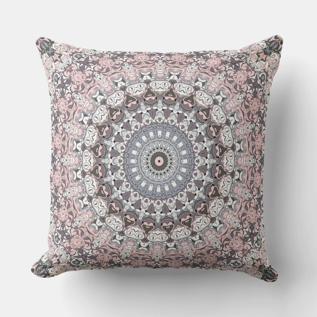 Pink Gray and White Mandala Pattern Throw Pillow (Front)