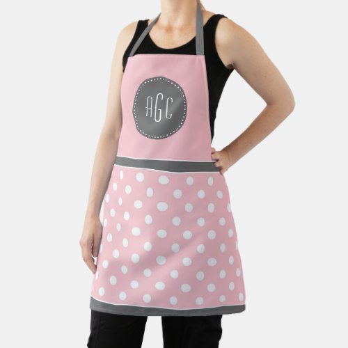 Pink gray and white polka dots monogram apron