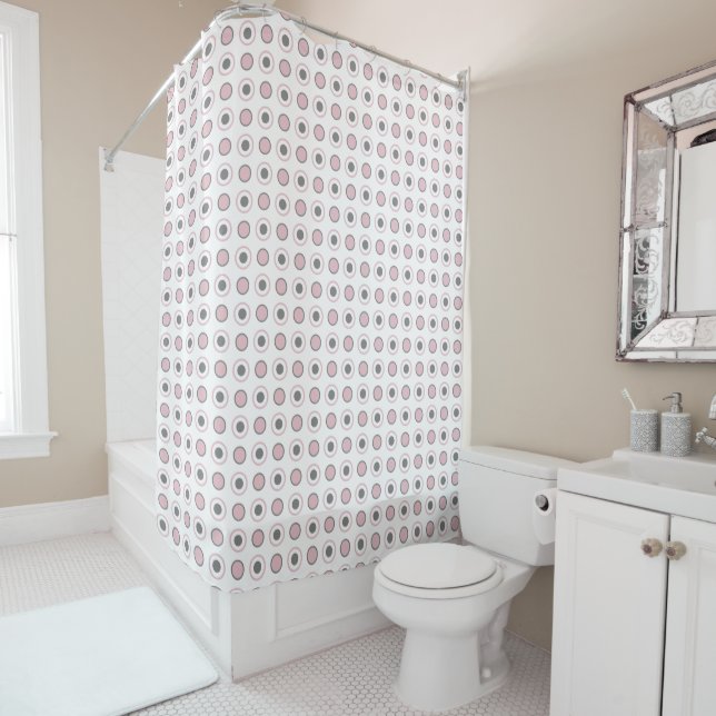 Pink, gray and white shower curtain (In Situ)