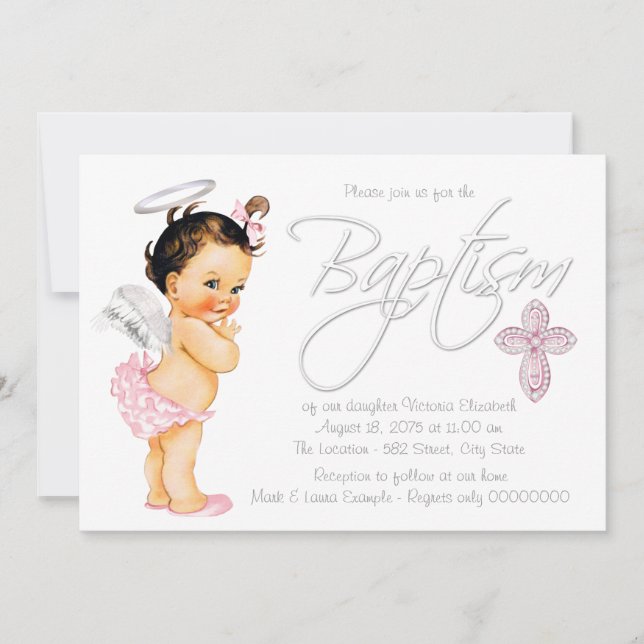 Pink Gray Angel Baby Girl Baptism Invitation (Front)