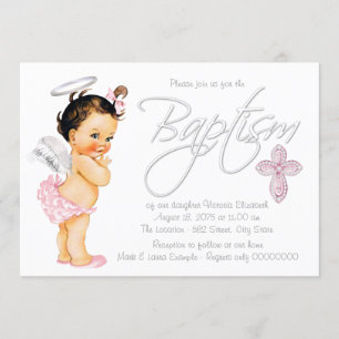 Pink Gray Angel Baby Girl Baptism Invitation