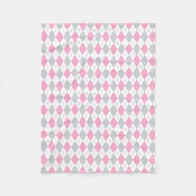 Pink Gray Argyle Pattern Fleece Blanket (Front)