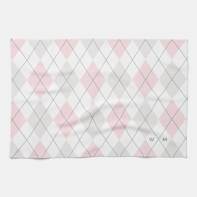 Pink & Gray Argyle Pattern Monogram Kitchen Towel (Horizontal)