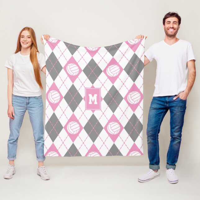 pink gray argyle pattern volleyballs monogrammed fleece blanket (In Situ)