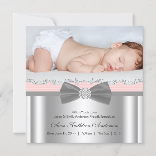 Pink Gray Baby Girl Photo Birth Announcement